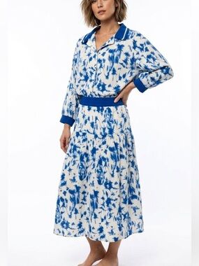 PATAPOUF Vintage 2pc Button Down Top Skirt Set Abstract Blue White Medium Large